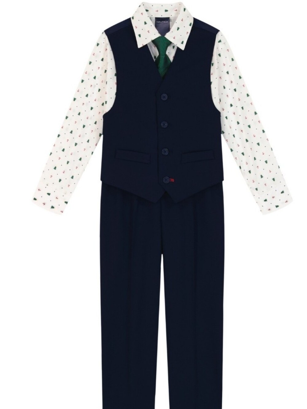 Nautica Boys 4-Piece Shirt, Tie, Vest and Pants Set - Navy/White/Green. Nwt